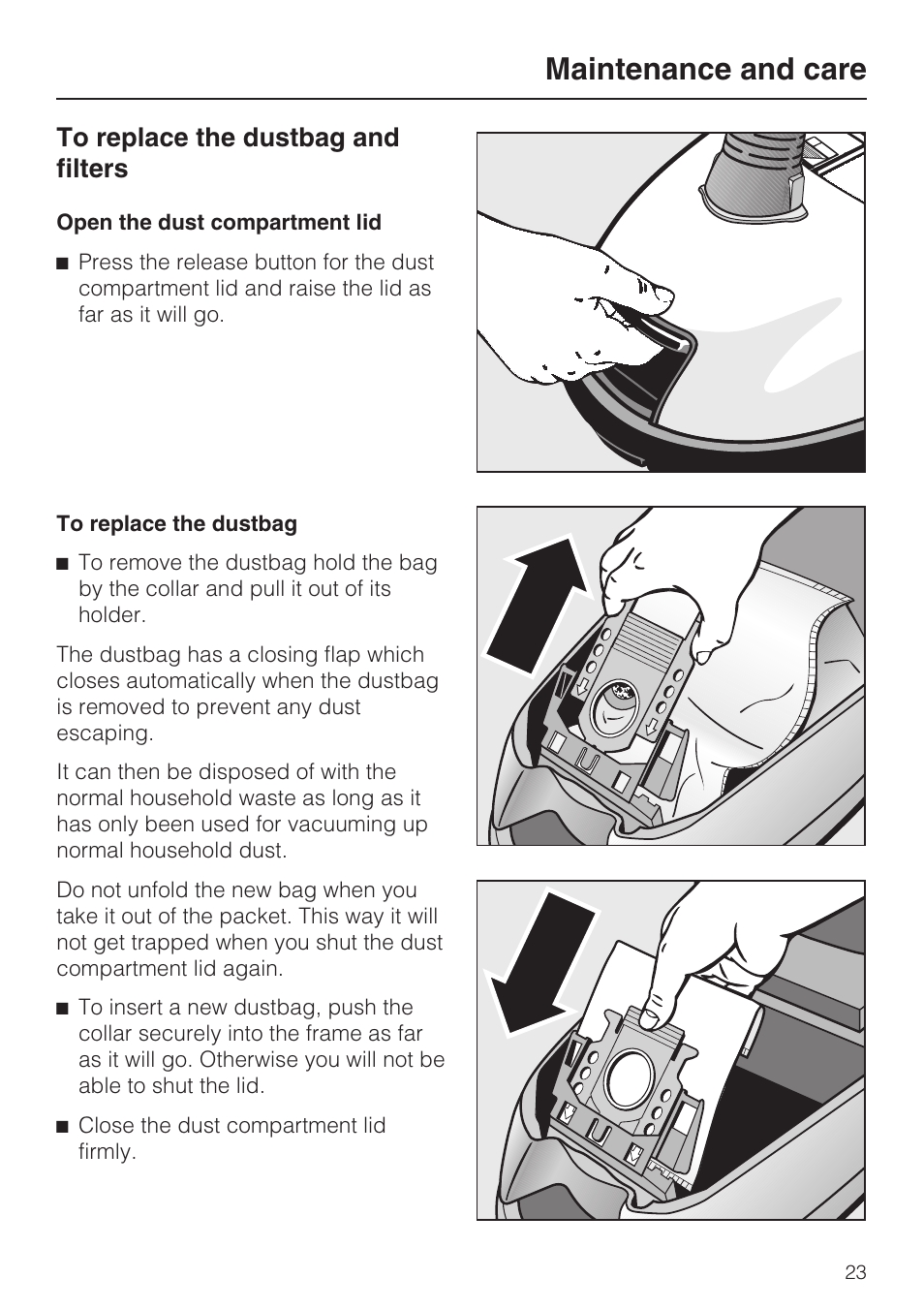 To replace the dustbag and filters 23, Maintenance and care | Miele S 388 User Manual | Page 23 / 36