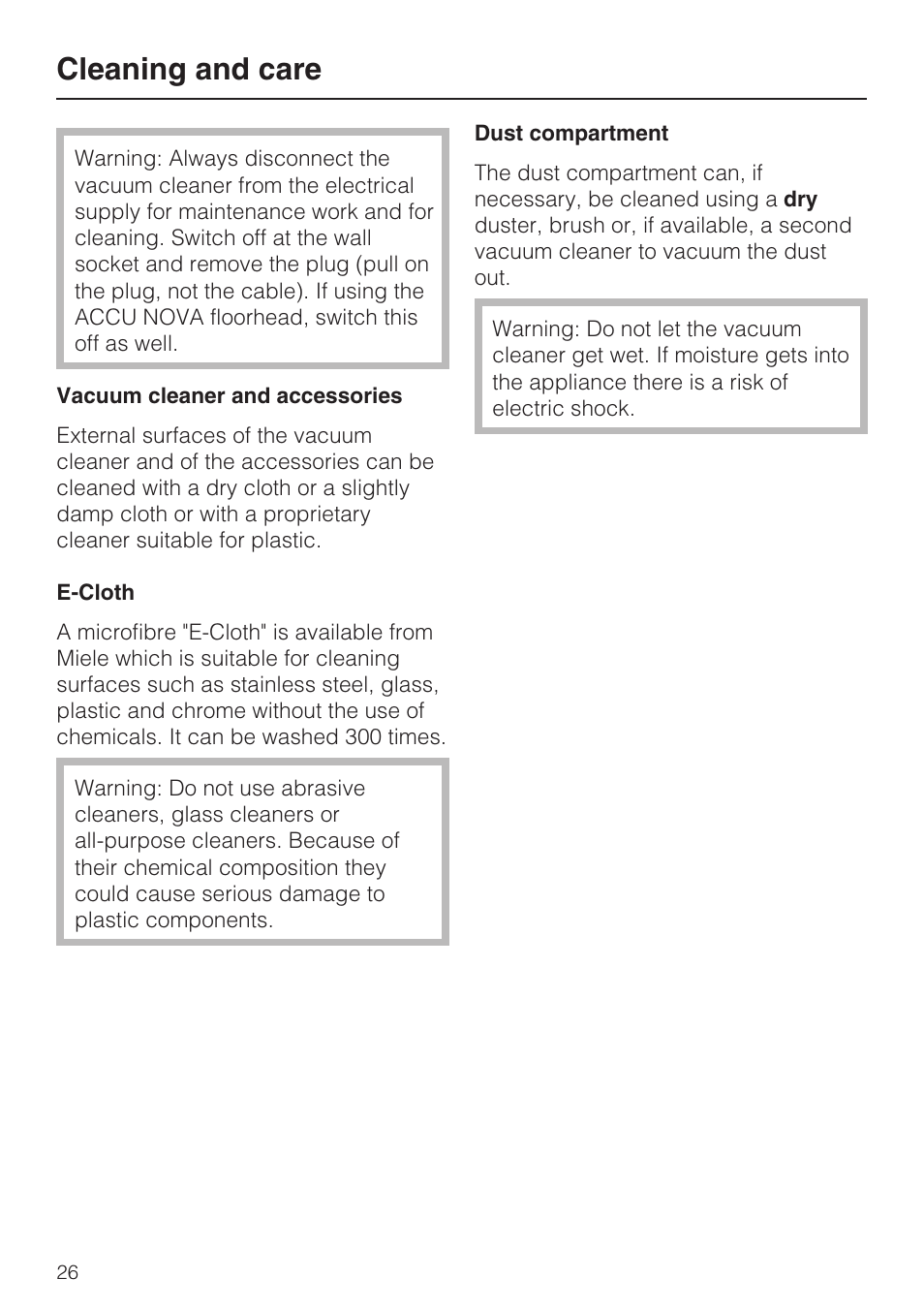 Cleaning and care 26, Cleaning and care | Miele S 388 User Manual | Page 26 / 36
