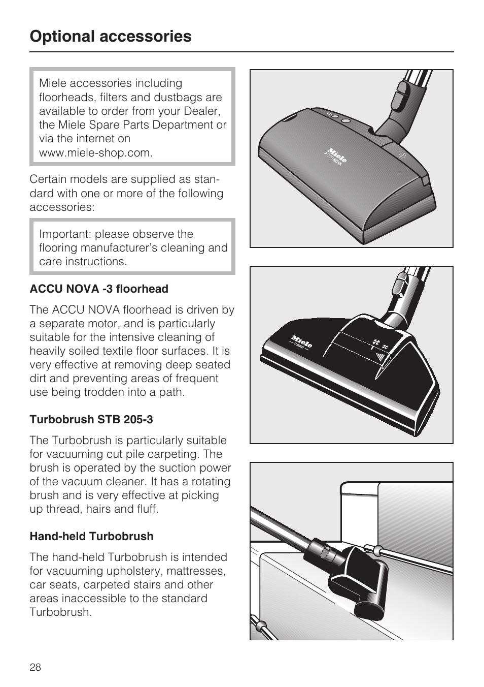 Optional accessories 28, Optional accessories | Miele S 388 User Manual | Page 28 / 36