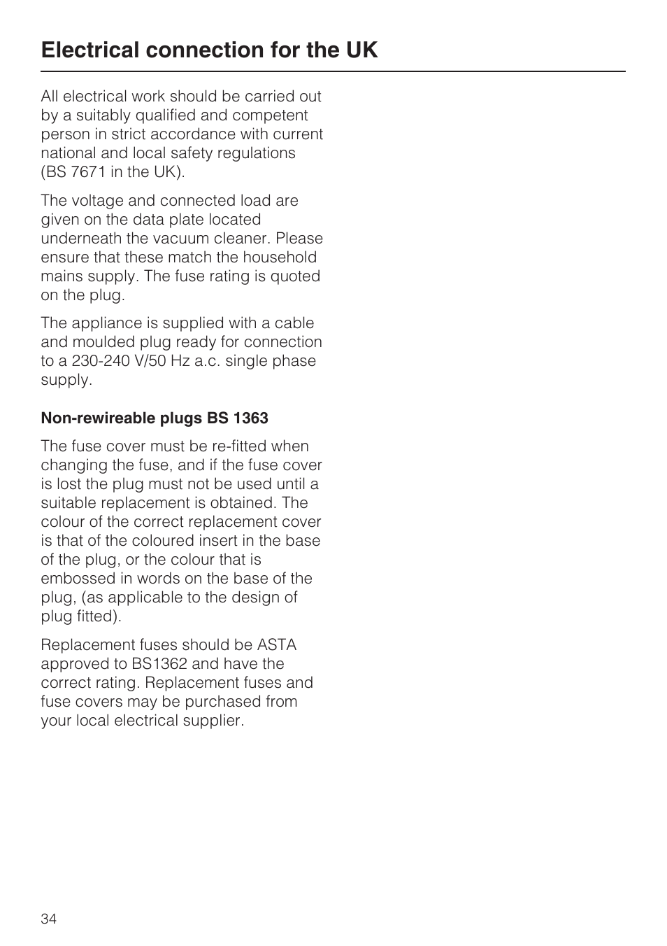 Electrical connection for the uk 34, Electrical connection for the uk | Miele S 388 User Manual | Page 34 / 36