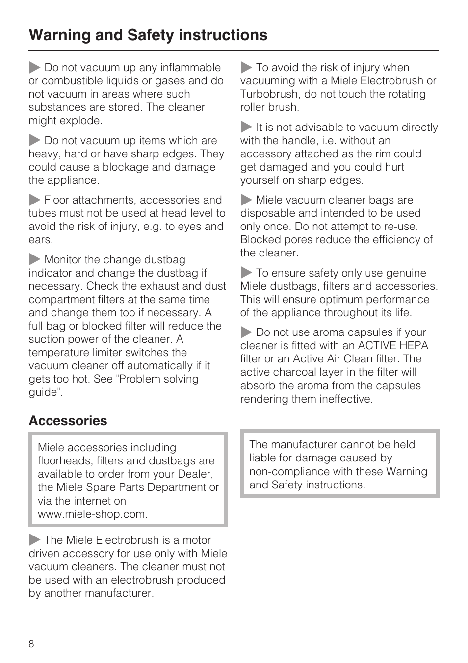 Warning and safety instructions | Miele S 388 User Manual | Page 8 / 36