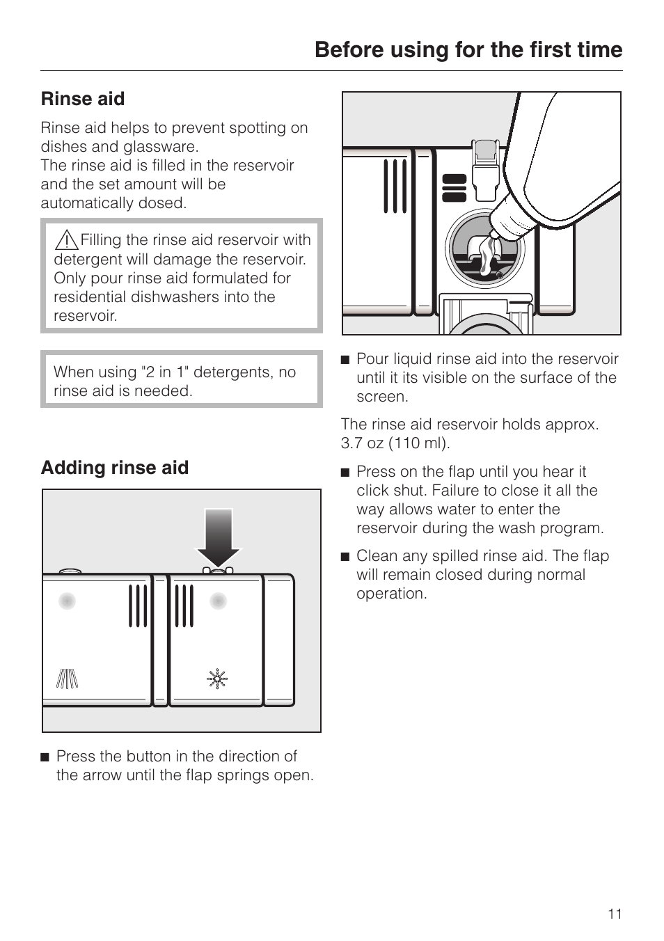 Rinse aid 11, Adding rinse aid 11, Before using for the first time | Rinse aid, Adding rinse aid | Miele G 2020 User Manual | Page 11 / 52