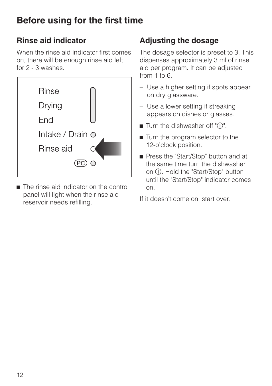 Rinse aid indicator 12, Adjusting the dosage 12, Before using for the first time | Rinse aid indicator, Adjusting the dosage | Miele G 2020 User Manual | Page 12 / 52
