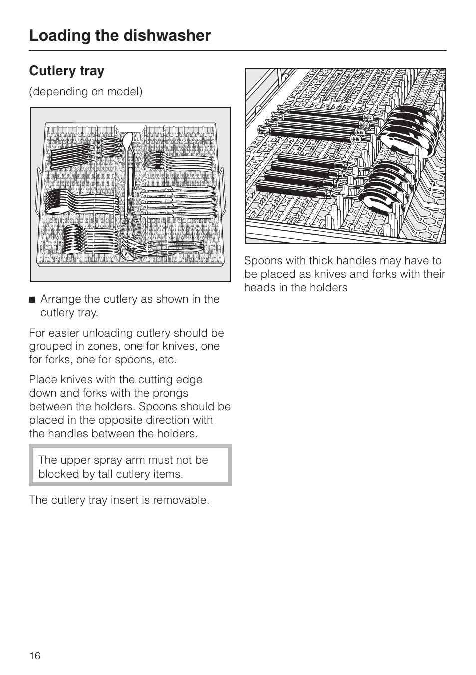 Cutlery tray 16, Loading the dishwasher, Cutlery tray | Miele G 2020 User Manual | Page 16 / 52
