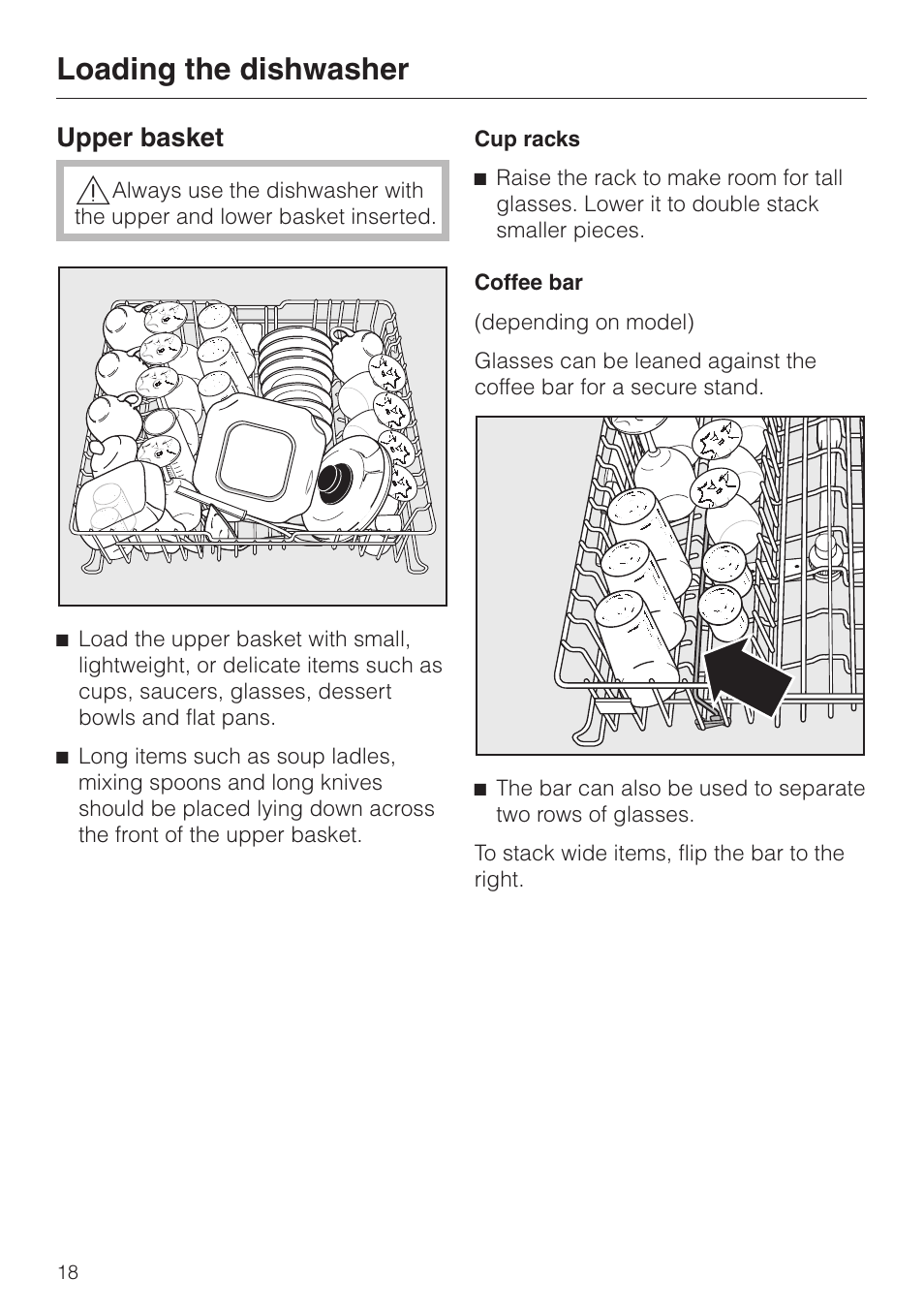Upper basket 18, Loading the dishwasher, Upper basket | Miele G 2020 User Manual | Page 18 / 52
