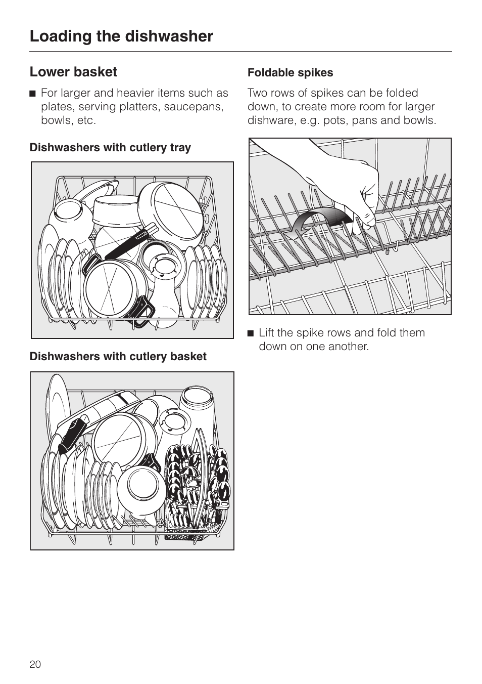 Lower basket 20, Loading the dishwasher, Lower basket | Miele G 2020 User Manual | Page 20 / 52