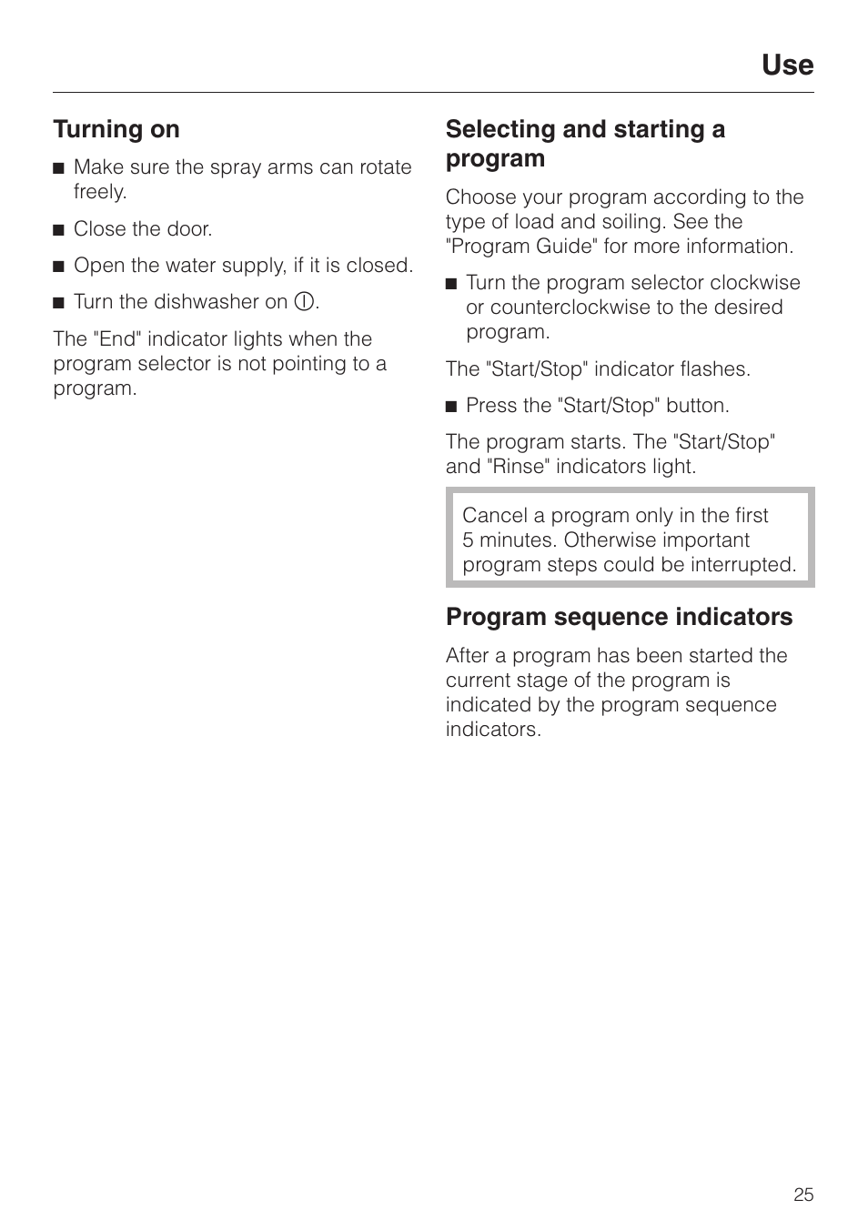 Turning on 25, Selecting and starting a program 25, Program sequence indicators 25 | Turning on, Selecting and starting a program, Program sequence indicators | Miele G 2020 User Manual | Page 25 / 52