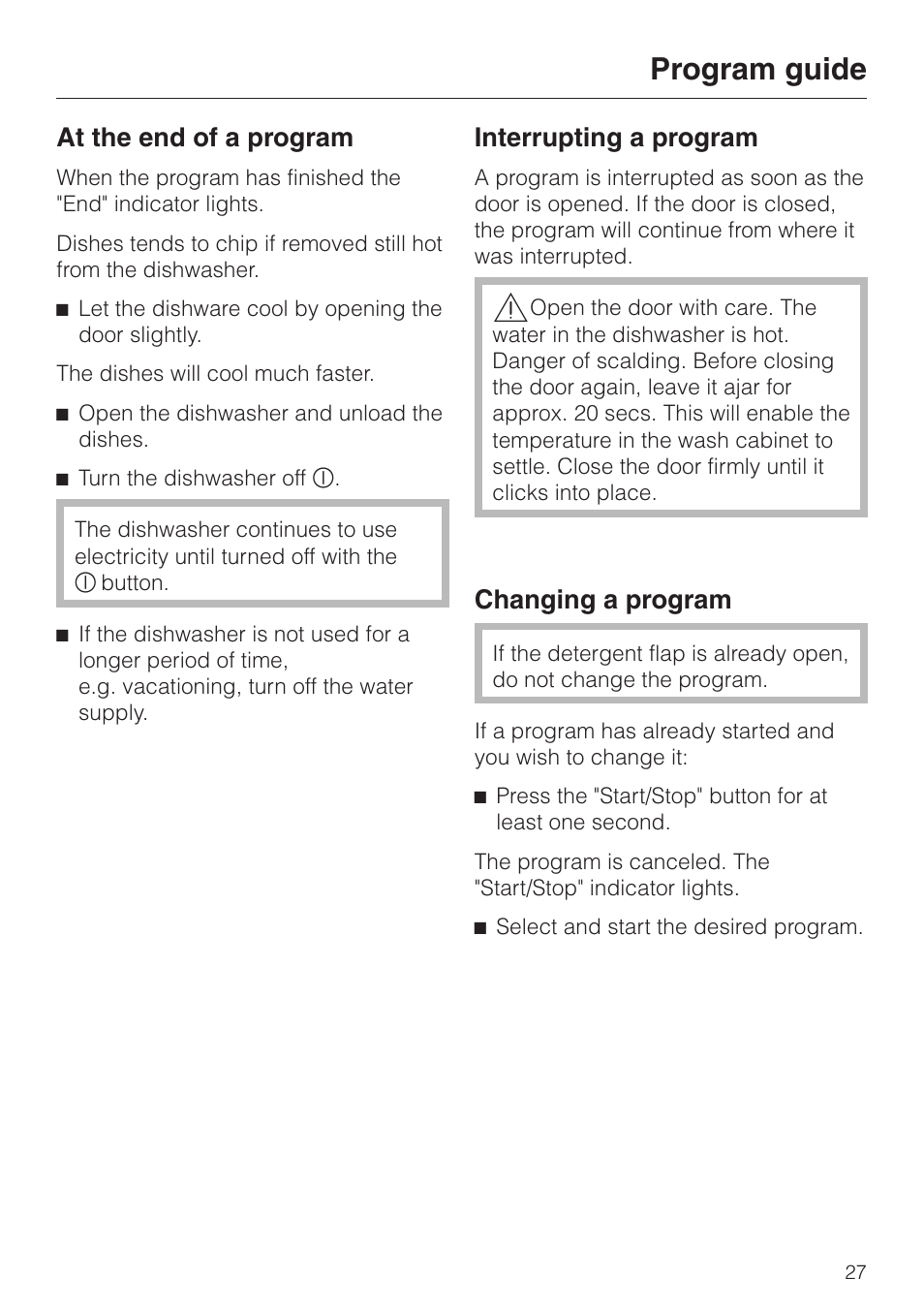 At the end of a program 27, Interrupting a program 27, Changing a program 27 | Program guide, At the end of a program, Interrupting a program, Changing a program | Miele G 2020 User Manual | Page 27 / 52