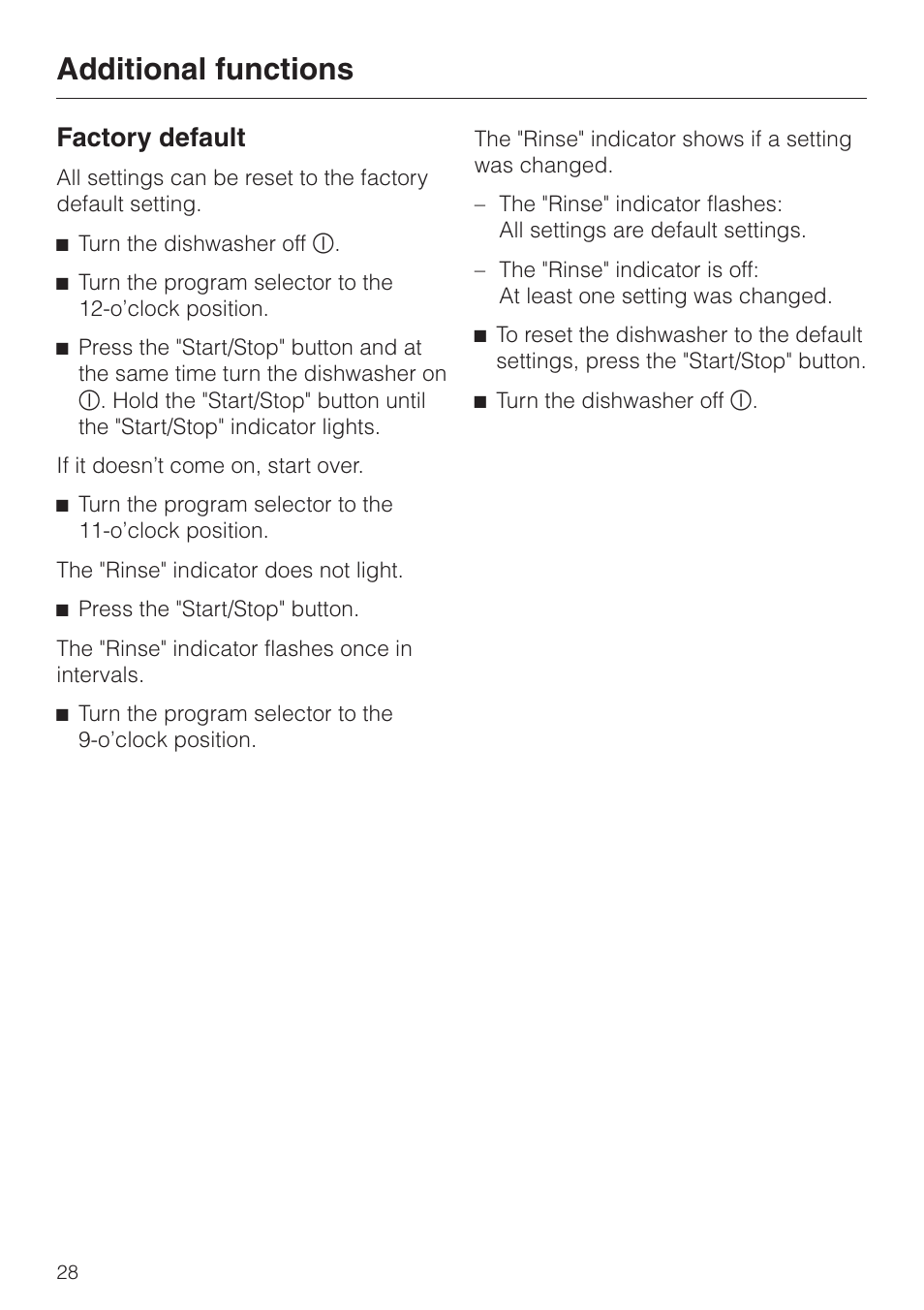 Additional functions 28, Additional functions, Factory default | Miele G 2020 User Manual | Page 28 / 52