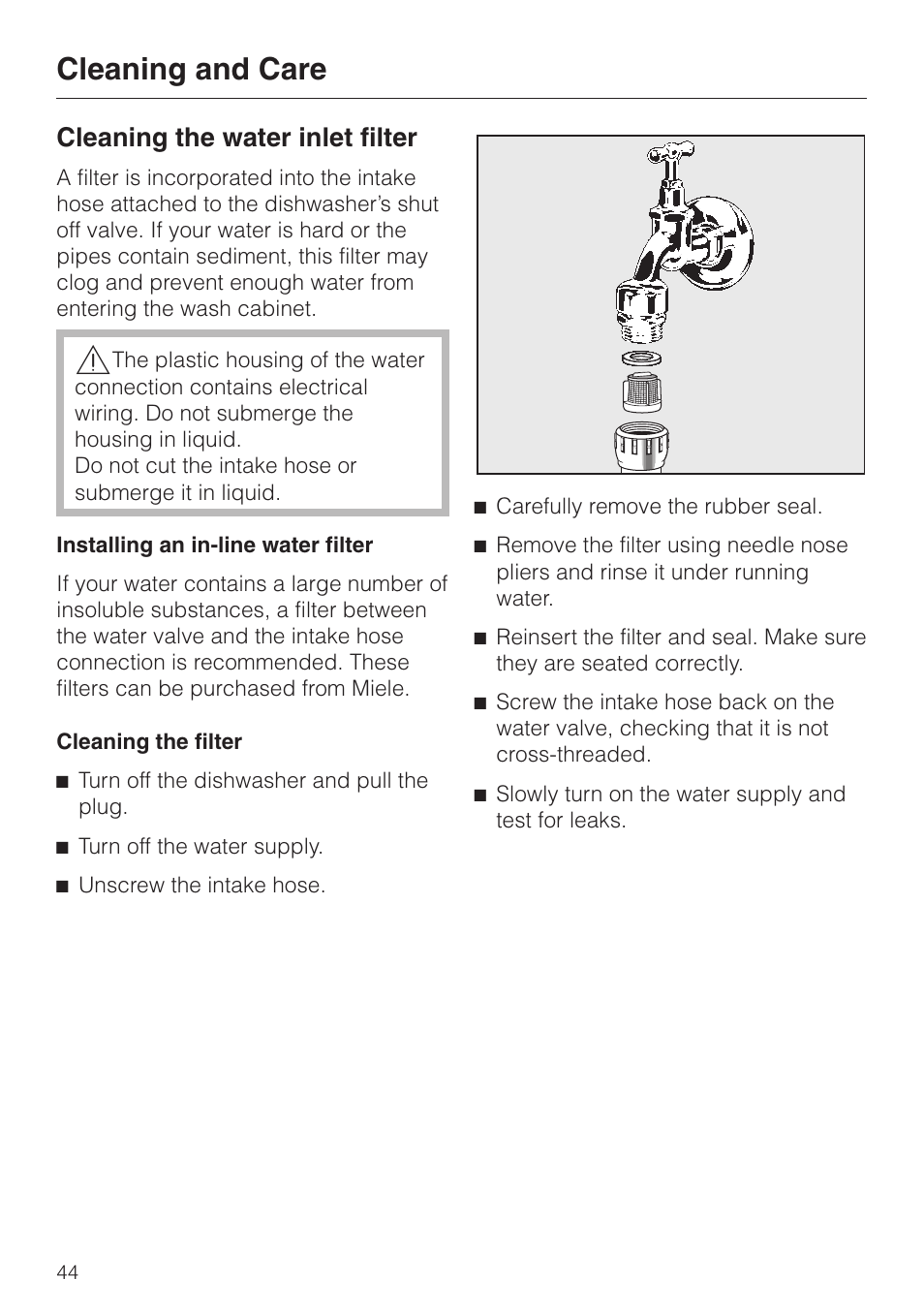 Cleaning the water inlet filter 44, Cleaning and care, Cleaning the water inlet filter | Miele G 2020 User Manual | Page 44 / 52