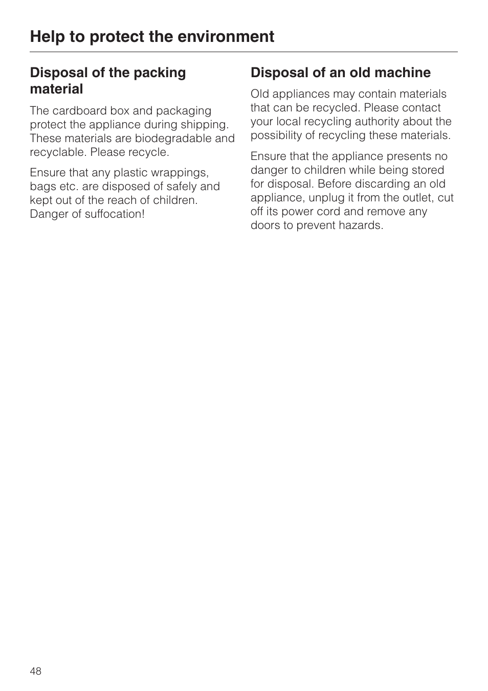 Help to protect the environment 48, Help to protect the environment | Miele G 2020 User Manual | Page 48 / 52
