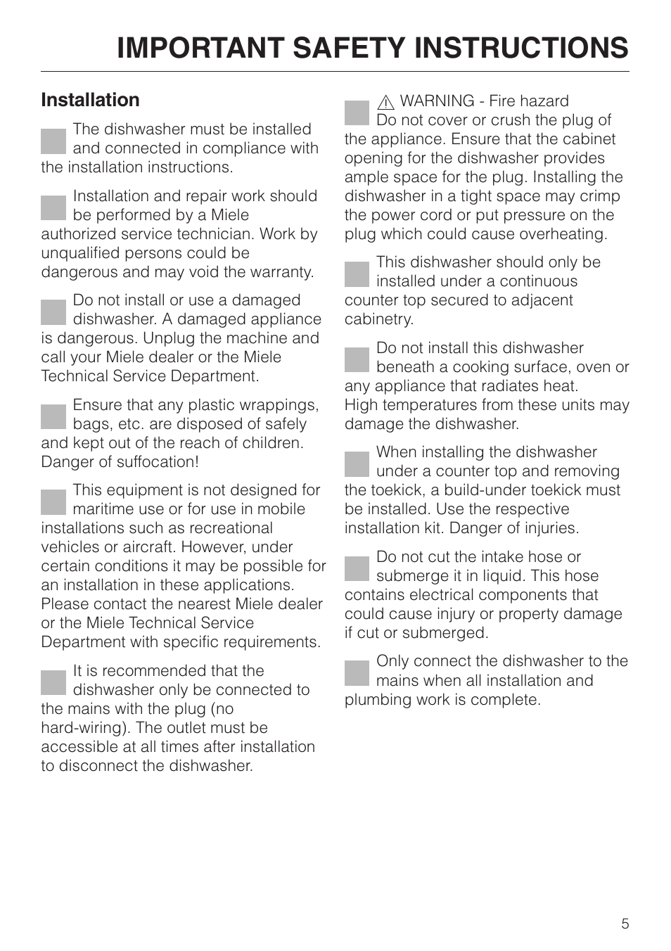 Important safety instructions, Installation | Miele G 2020 User Manual | Page 5 / 52