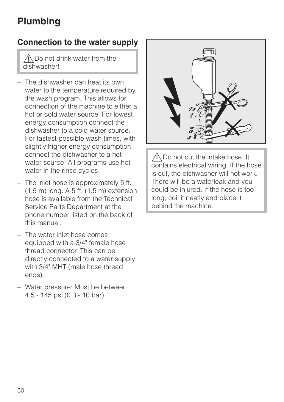 Plumbing 50, Connection to the water supply 50, Plumbing | Miele G 2020 User Manual | Page 50 / 52