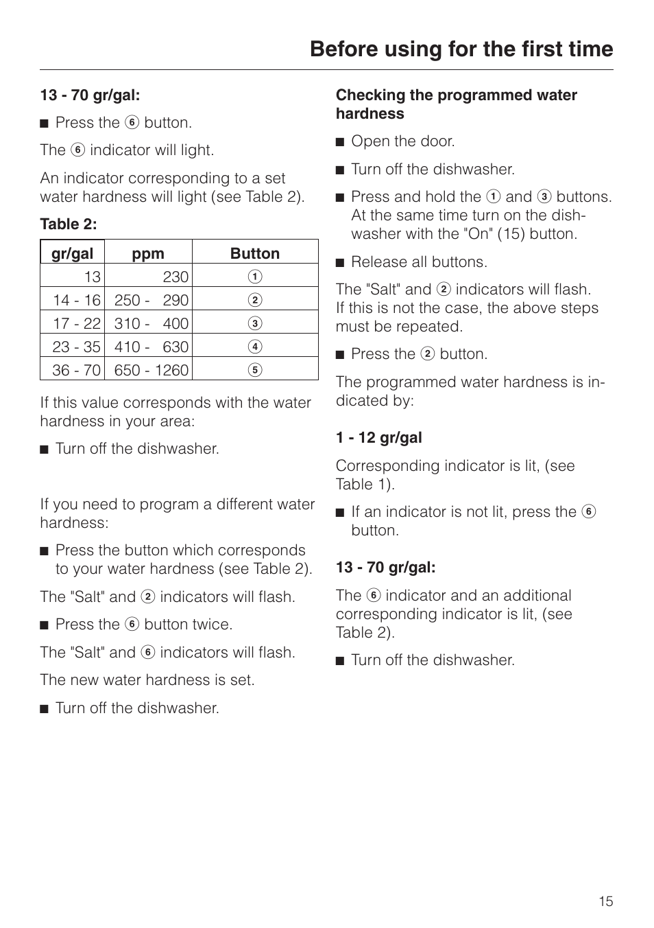 Checking the programmed water hardness 15, Checking the programmed water hardness, Before using for the first time | Miele G858SCVI User Manual | Page 15 / 52