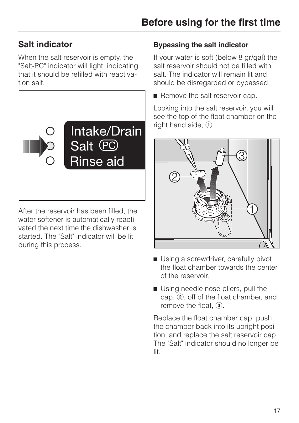Salt indicator 17, Salt indicator, Before using for the first time | Miele G858SCVI User Manual | Page 17 / 52