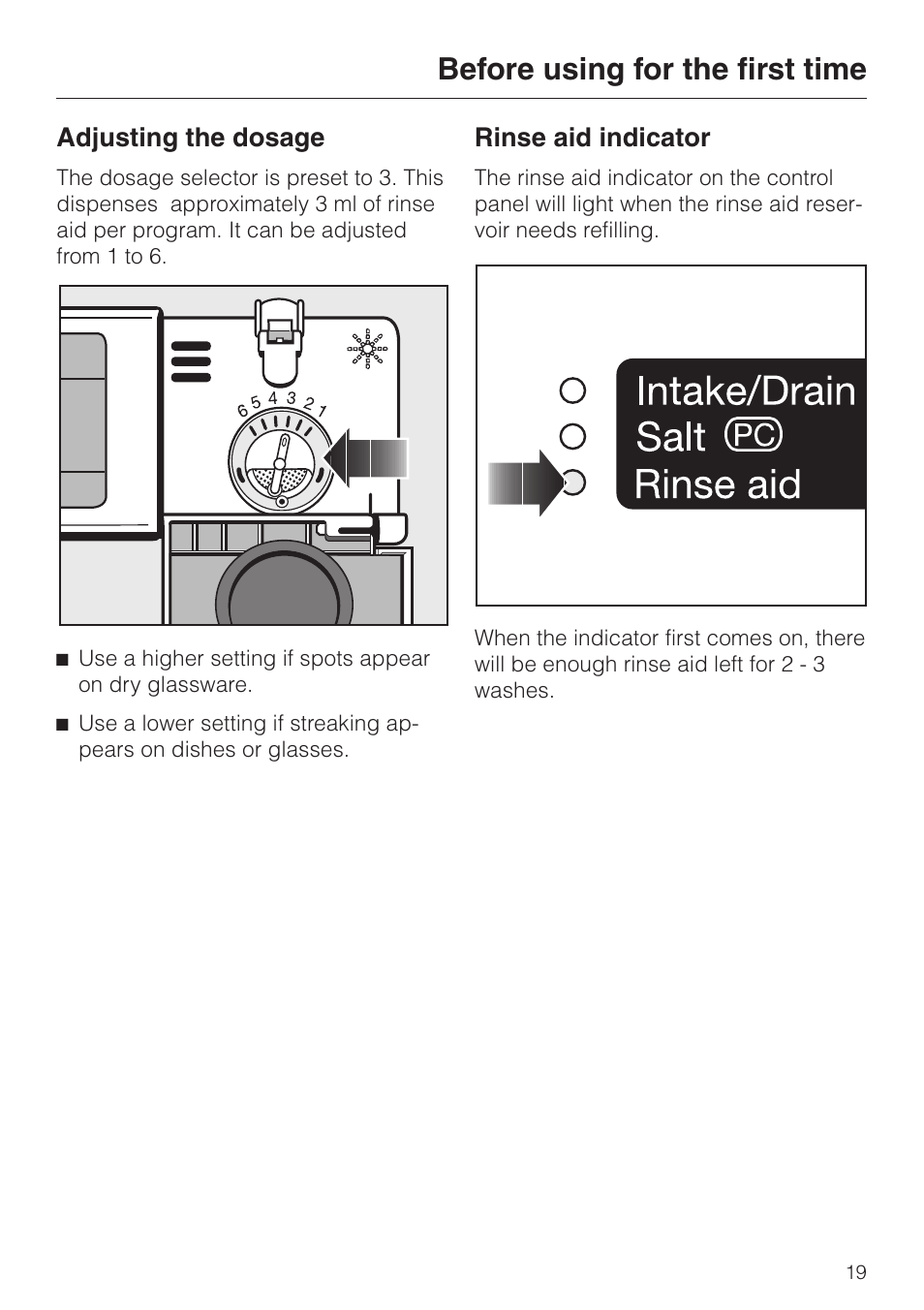 Adjusting the dosage 19, Rinse aid indicator 19, Adjusting the dosage rinse aid indicator | Before using for the first time, Adjusting the dosage, Rinse aid indicator | Miele G858SCVI User Manual | Page 19 / 52