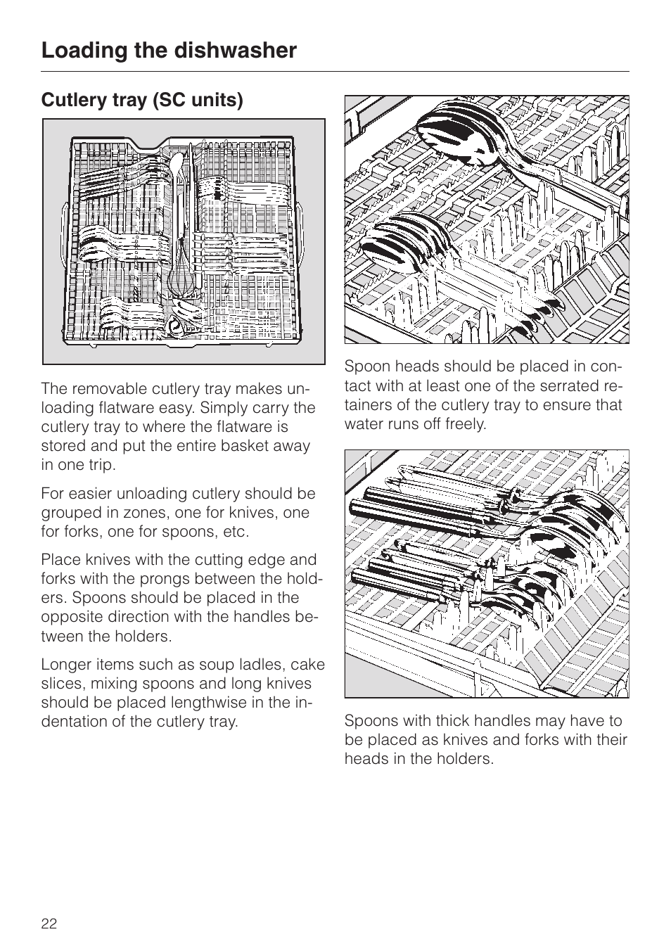 Cutlery tray (sc units) 22, Cutlery tray (sc units), Loading the dishwasher | Miele G858SCVI User Manual | Page 22 / 52