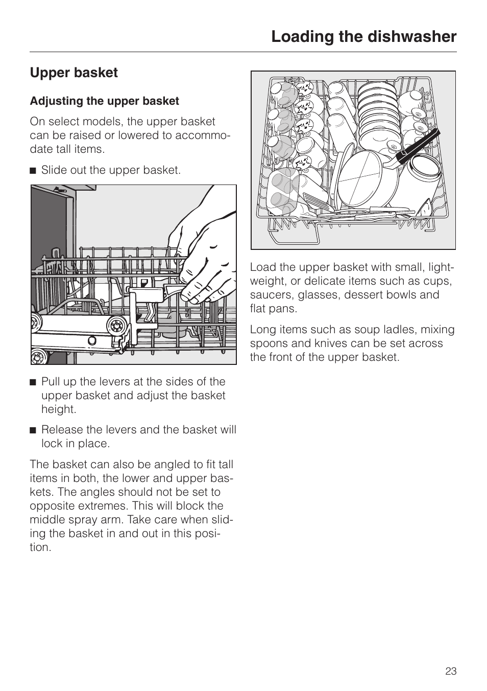 Upper basket 23, Adjusting the upper basket 23, Upper basket | Adjusting the upper basket, Loading the dishwasher | Miele G858SCVI User Manual | Page 23 / 52