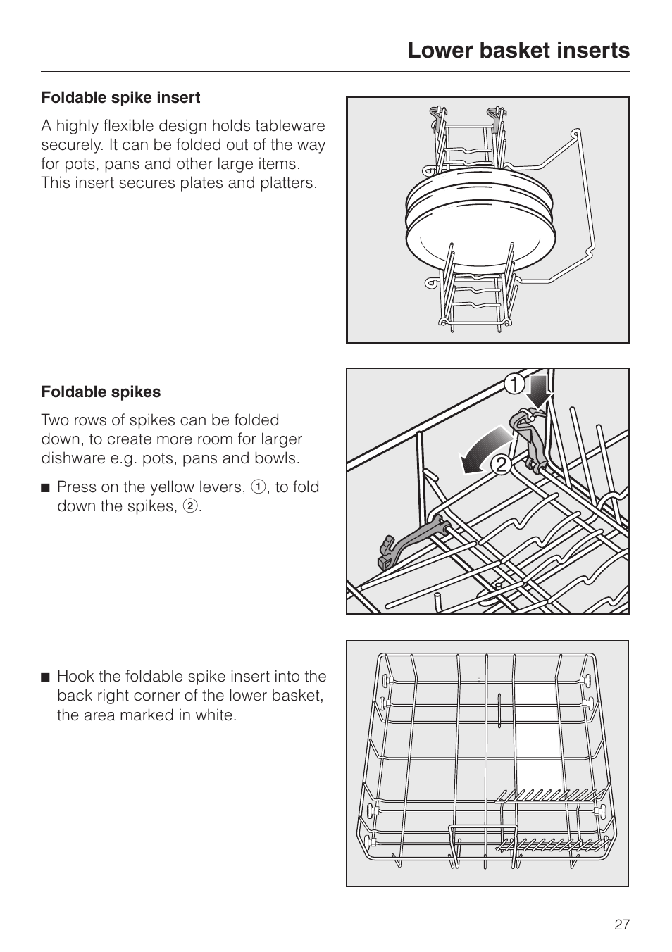 Foldable spike insert 27, Foldable spike insert, Lower basket inserts | Miele G858SCVI User Manual | Page 27 / 52