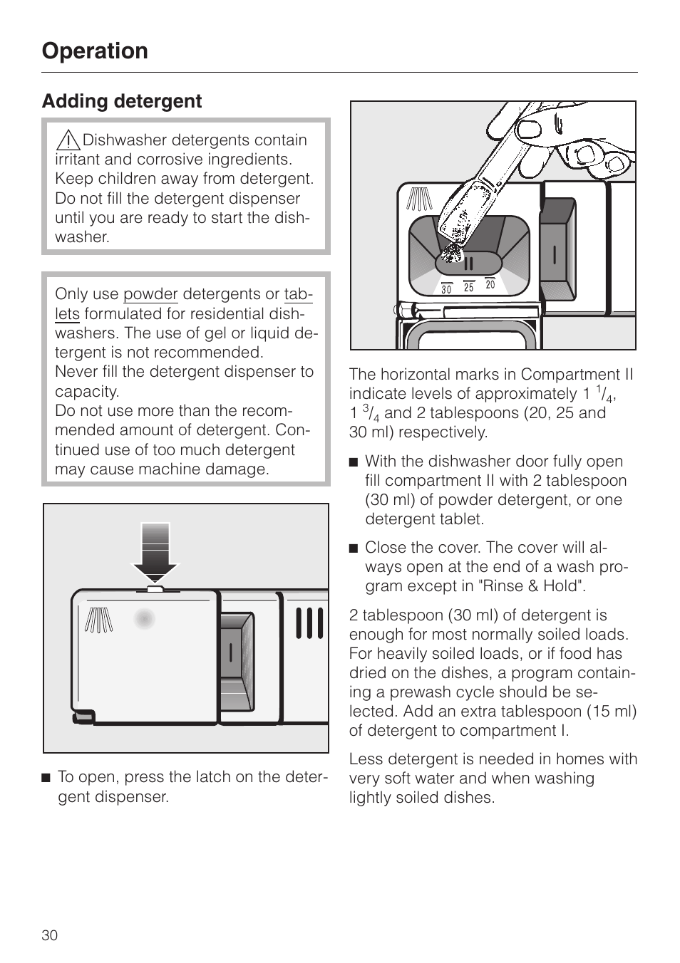 Operation 30, Adding detergent 30, Adding detergent | Operation | Miele G858SCVI User Manual | Page 30 / 52