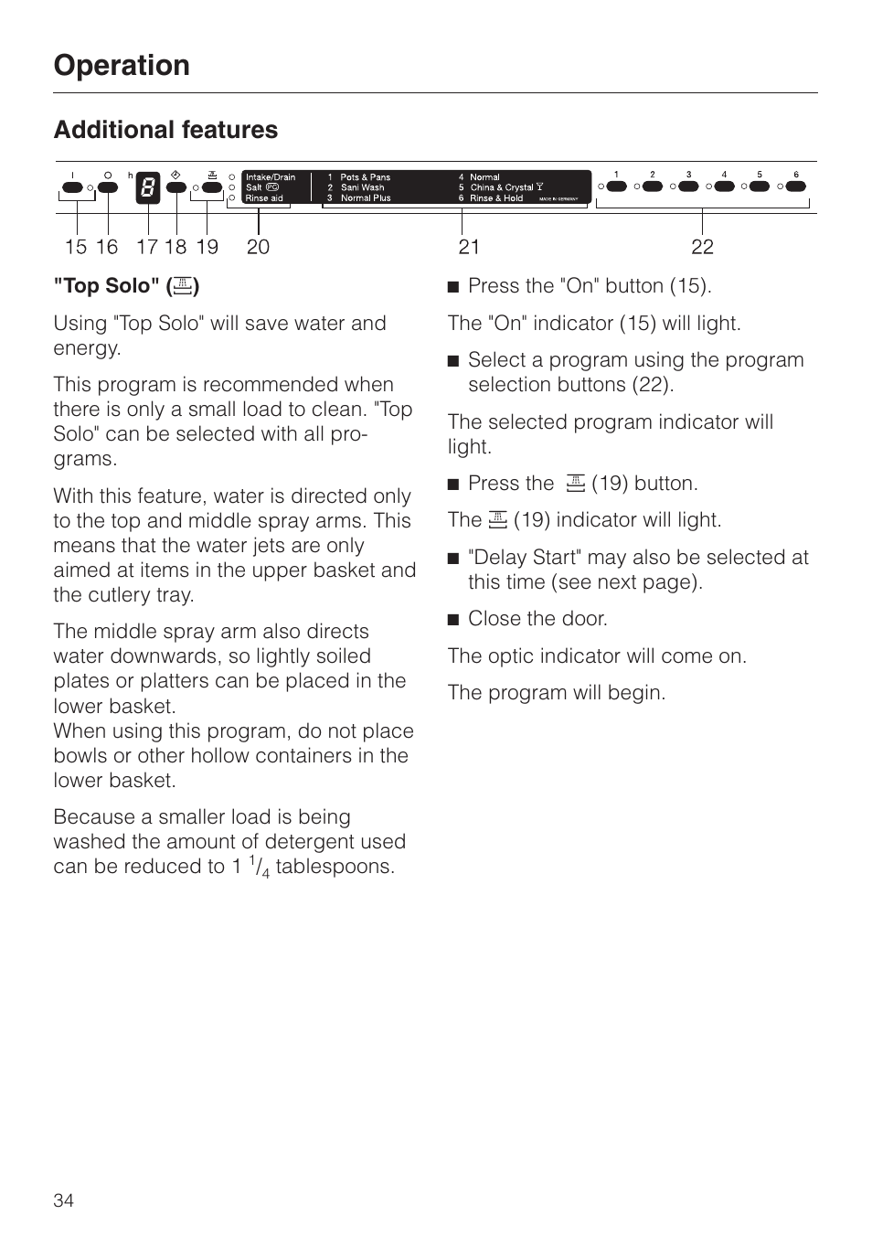 Additional features 34, Top solo" ( 2 ) 34, Additional features | Top solo, Operation | Miele G858SCVI User Manual | Page 34 / 52