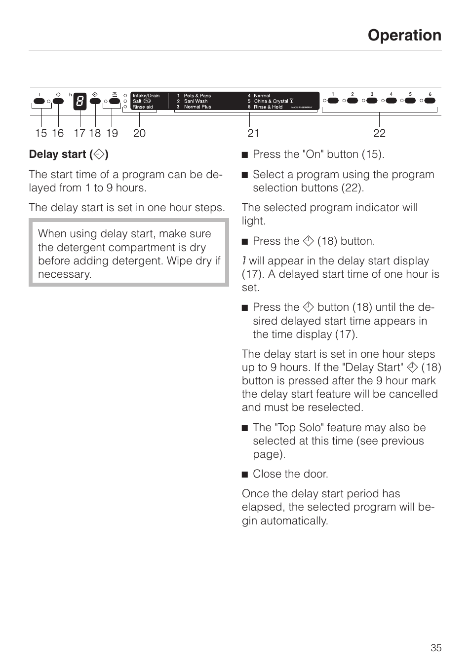 Delay start ( d ) 35, Delay start, Operation | Miele G858SCVI User Manual | Page 35 / 52