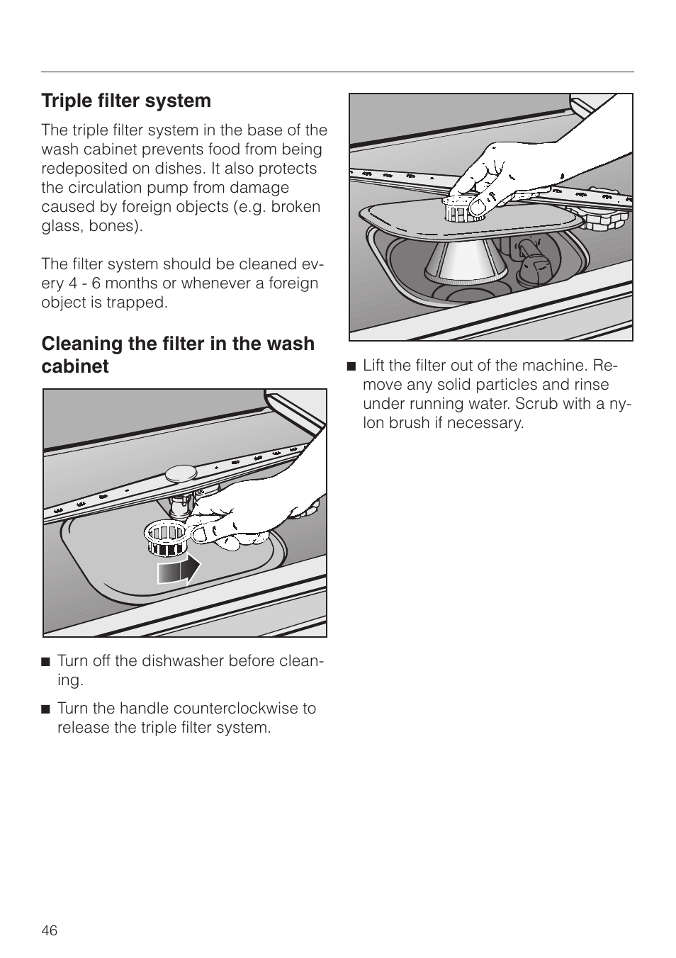 Cleaning the filter in the wash cabinet 46, Triple filter system, Cleaning the filter in the wash cabinet | Miele G858SCVI User Manual | Page 46 / 52