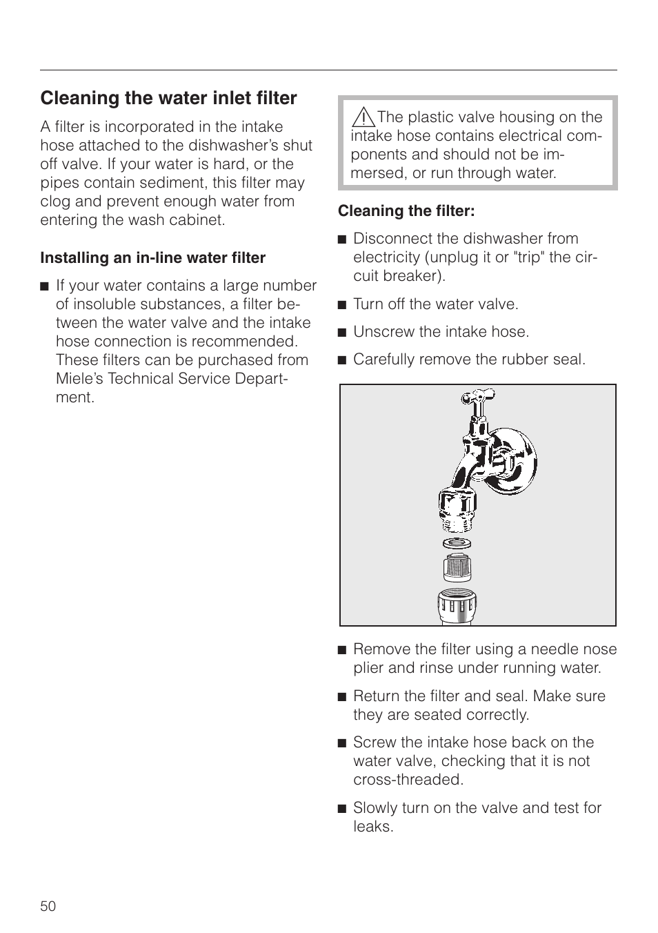 Cleaning the water inlet filter 50, Cleaning the water inlet filter | Miele G858SCVI User Manual | Page 50 / 52