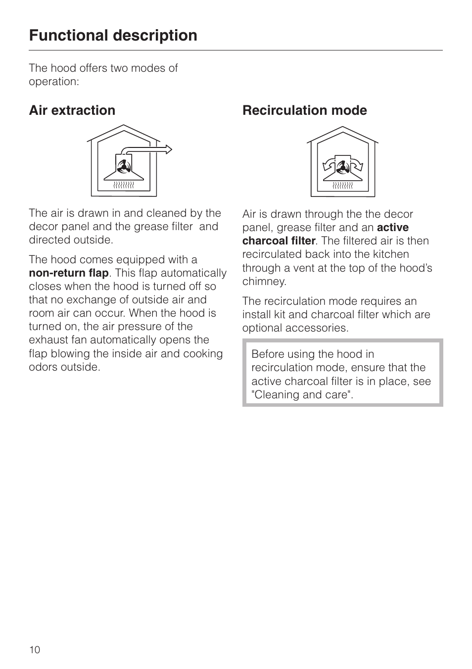 Functional description 10, Functional description, Air extraction | Recirculation mode | Miele DA 249-4 User Manual | Page 10 / 40