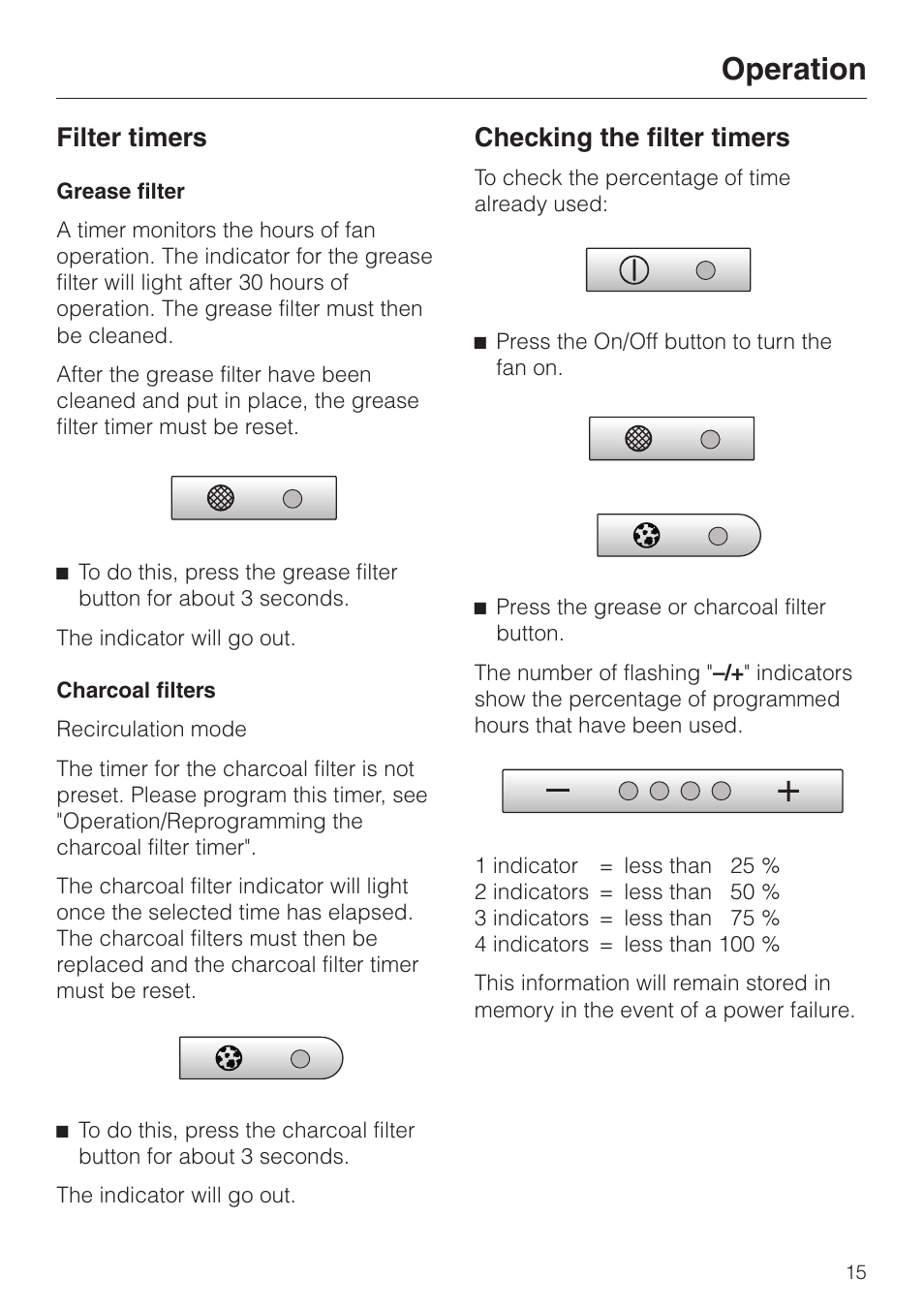 Filter timers 15, Checking the filter timers 15, Operation | Filter timers, Checking the filter timers | Miele DA 249-4 User Manual | Page 15 / 40