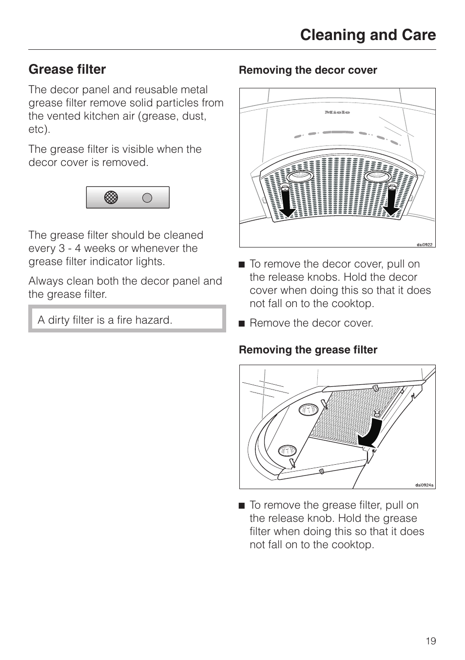 Grease filter 19, Cleaning and care, Grease filter | Miele DA 249-4 User Manual | Page 19 / 40