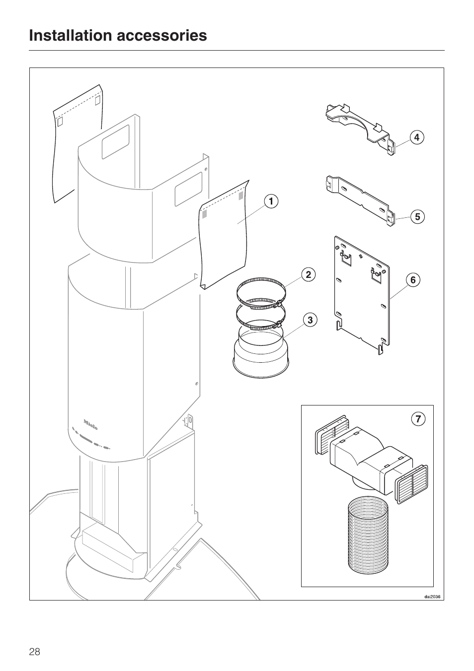 Installation accessories 28, Installation accessories | Miele DA 249-4 User Manual | Page 28 / 40