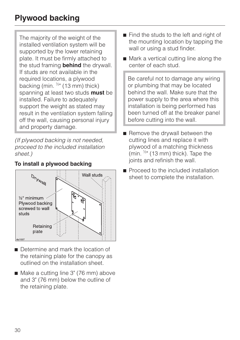 Plywood backing 30, Plywood backing | Miele DA 249-4 User Manual | Page 30 / 40