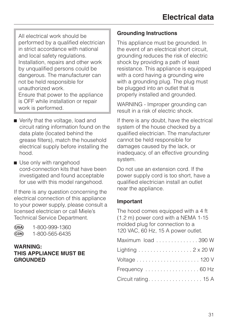 Electrical data 31, Electrical data | Miele DA 249-4 User Manual | Page 31 / 40