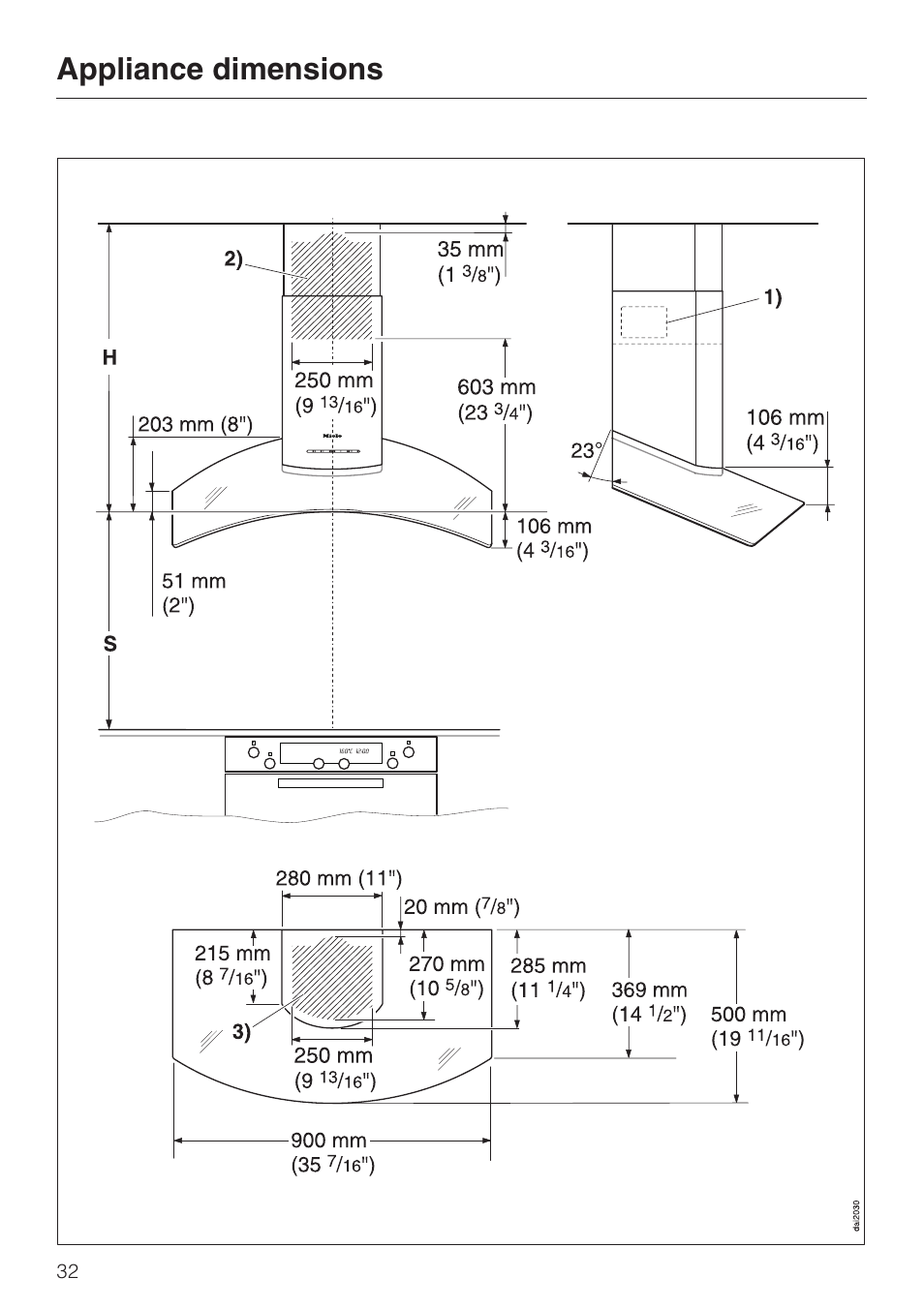 Appliance dimensions 32, Appliance dimensions | Miele DA 249-4 User Manual | Page 32 / 40
