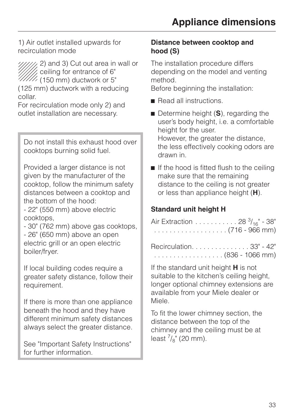 Appliance dimensions | Miele DA 249-4 User Manual | Page 33 / 40