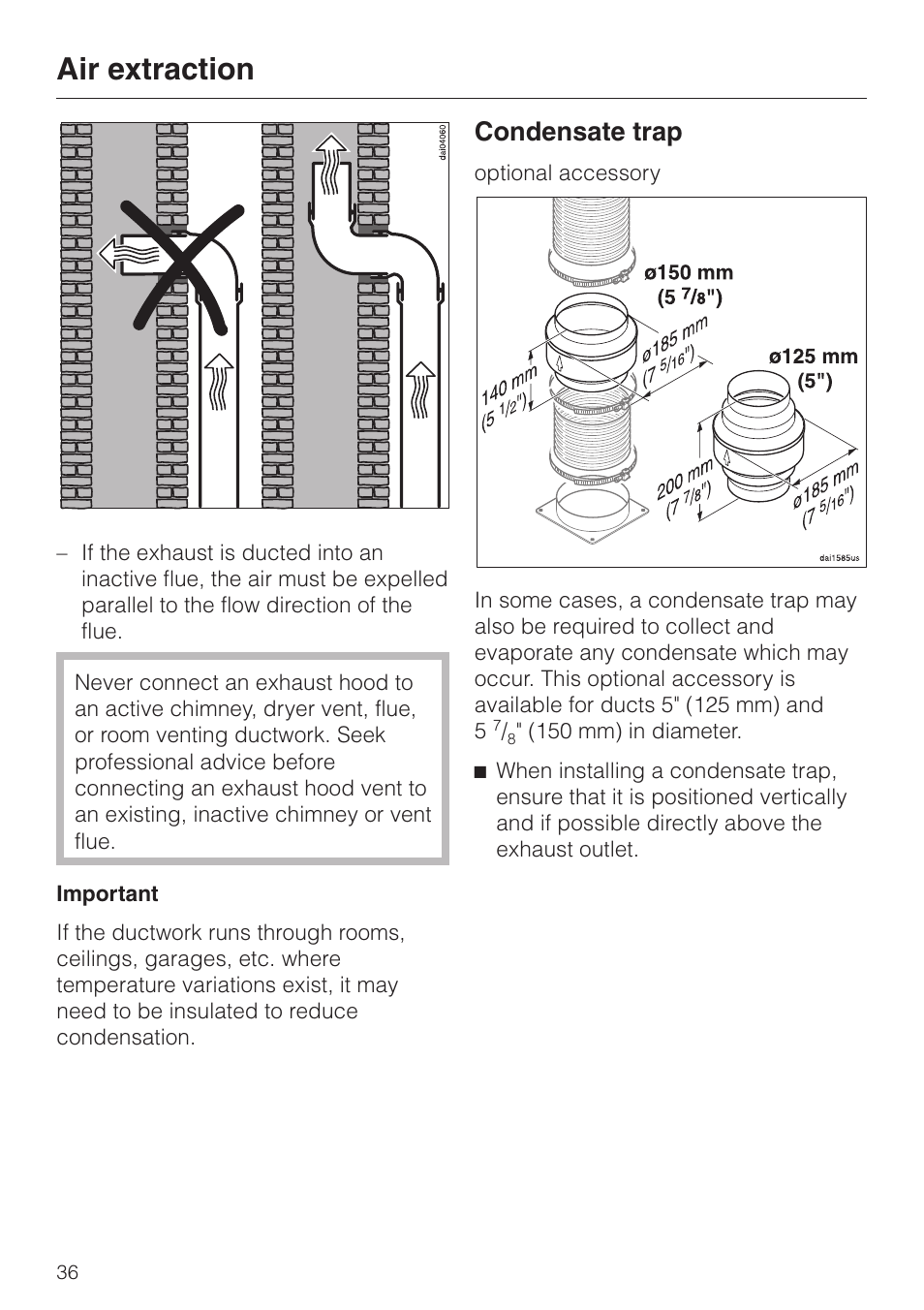 Air extraction, Condensate trap | Miele DA 249-4 User Manual | Page 36 / 40