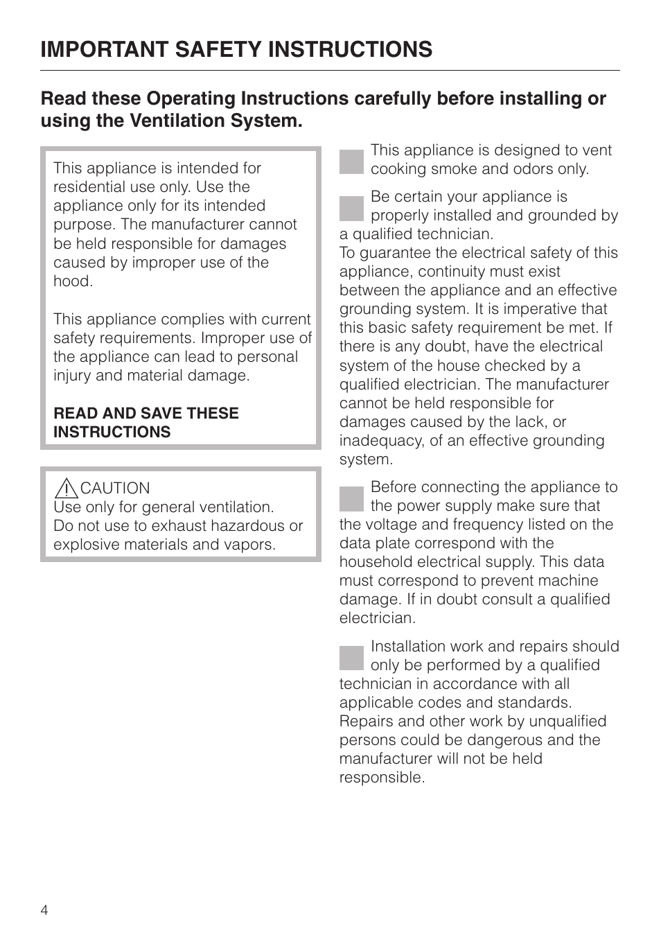 Important safety instructions 4, Important safety instructions | Miele DA 249-4 User Manual | Page 4 / 40