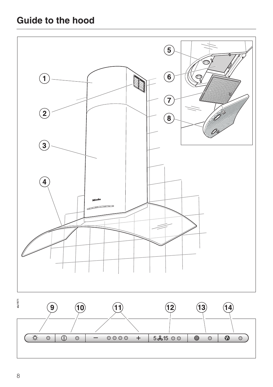 Guide to the hood 8, Guide to the hood | Miele DA 249-4 User Manual | Page 8 / 40