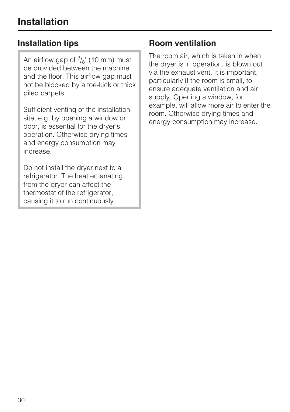 Installation tips 30, Installation, Installation tips | Room ventilation | Miele TOUCHTRONIC T 8002 User Manual | Page 34 / 44