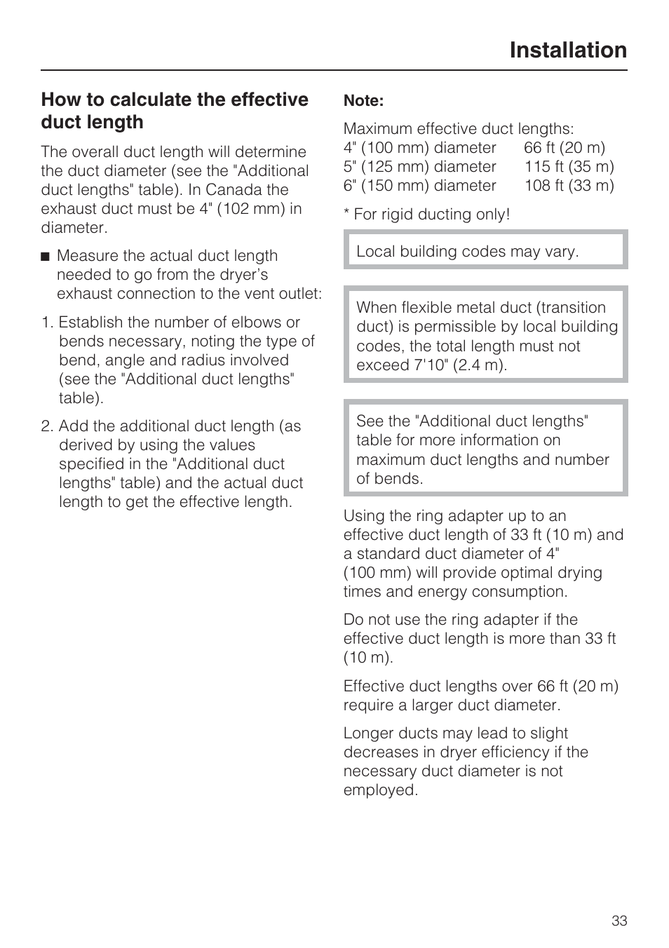 How to calculate the effective duct length 33, Installation, How to calculate the effective duct length | Miele TOUCHTRONIC T 8002 User Manual | Page 37 / 44