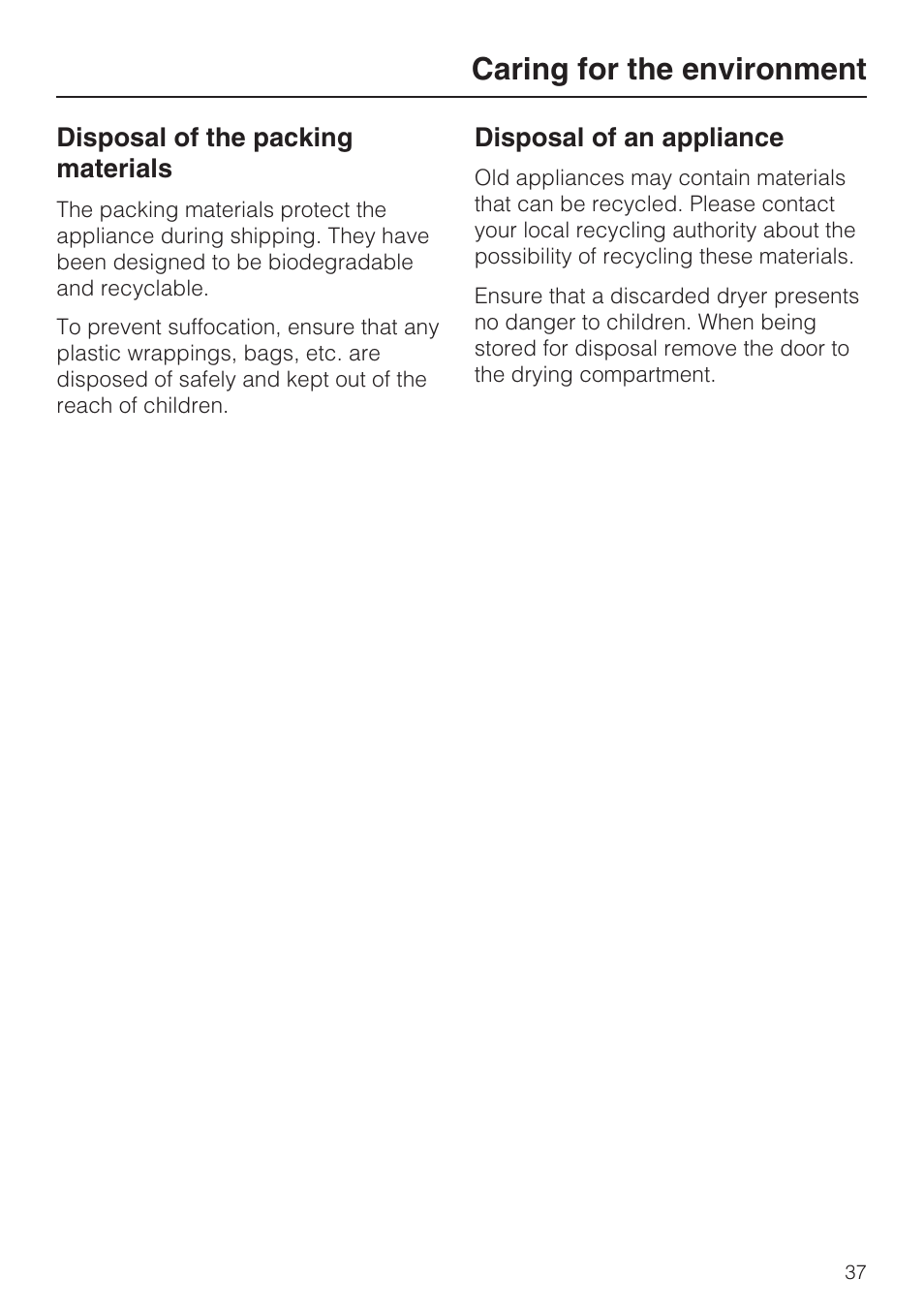 Caring for the environment 37, Caring for the environment | Miele TOUCHTRONIC T 8002 User Manual | Page 41 / 44