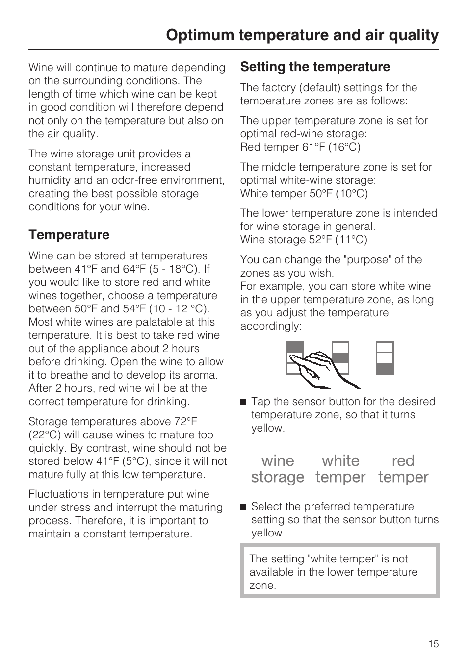 Optimum temperature and air quality 15, Setting the temperature 15, Optimum temperature and air quality | Temperature, Setting the temperature | Miele KWT1611SF User Manual | Page 15 / 60