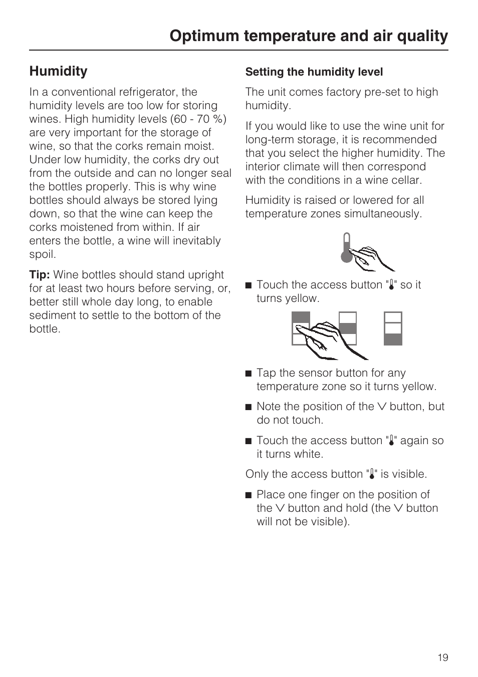 Humidity 19, Optimum temperature and air quality, Humidity | Miele KWT1611SF User Manual | Page 19 / 60