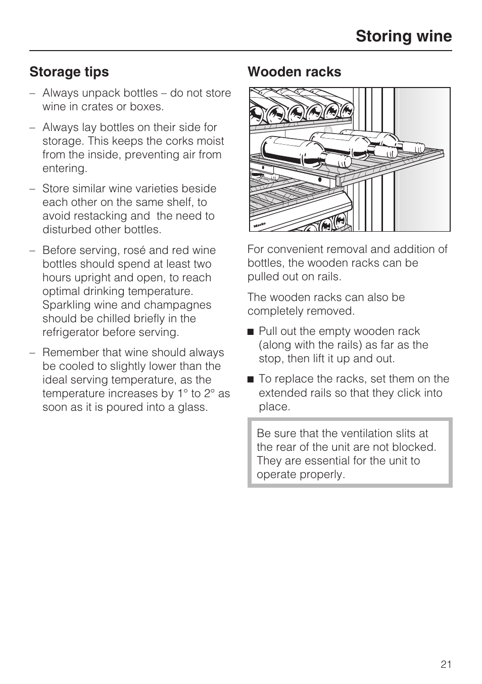 Storing wine 21, Wooden racks 21, Storing wine | Storage tips, Wooden racks | Miele KWT1611SF User Manual | Page 21 / 60