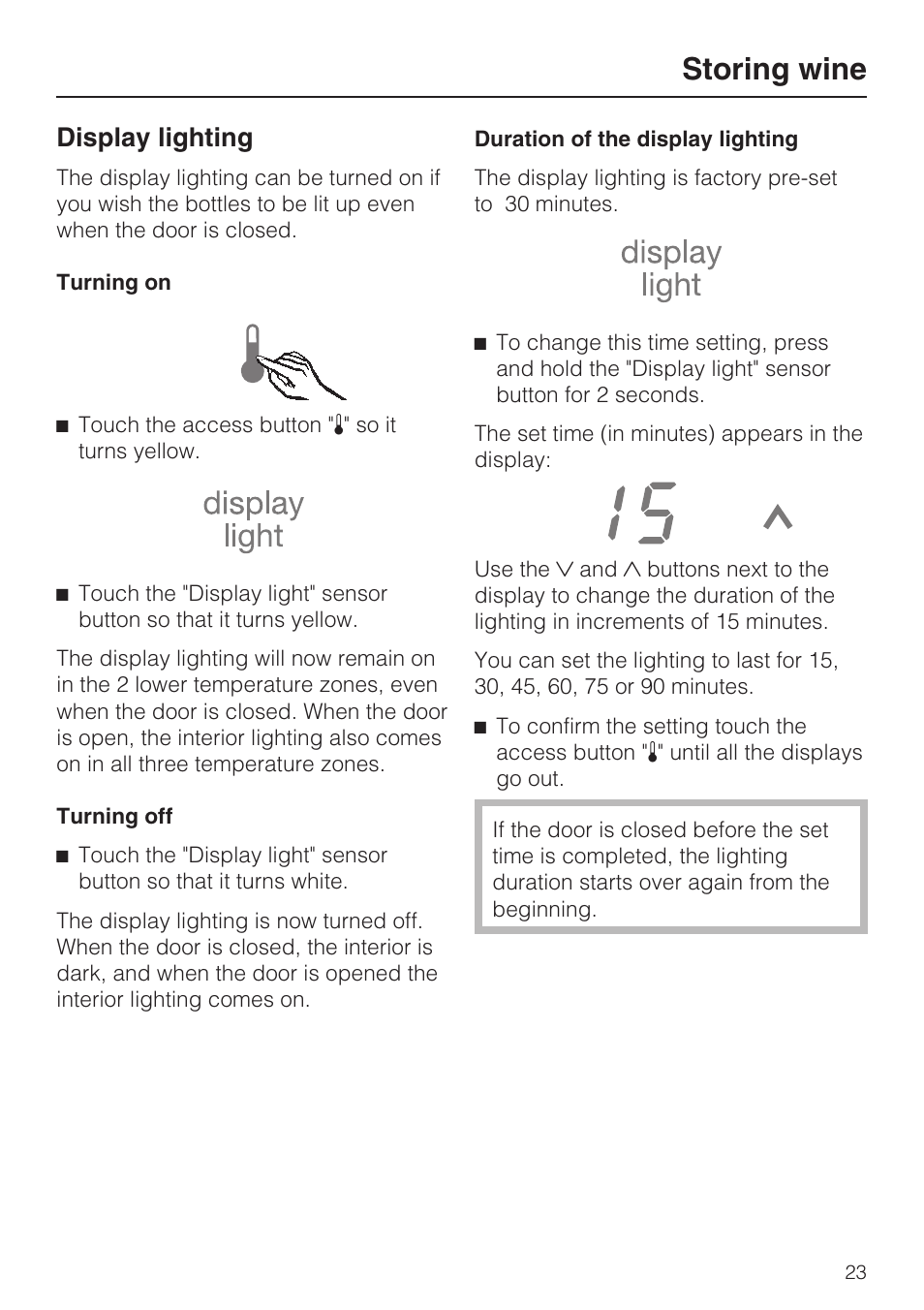 Display lighting 23, Storing wine, Display lighting | Miele KWT1611SF User Manual | Page 23 / 60