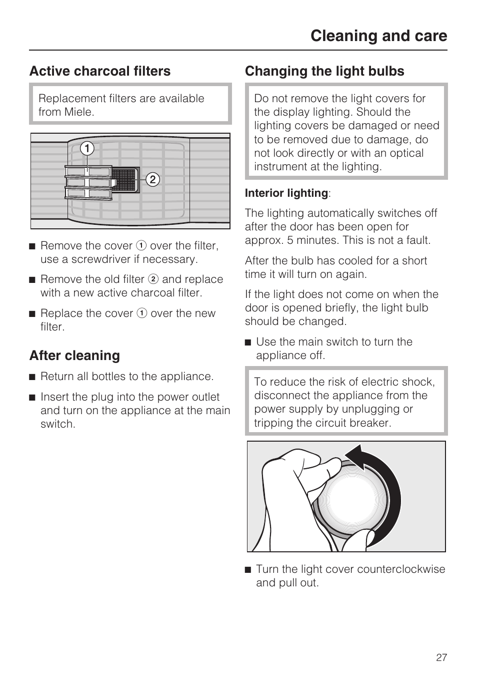 Active charcoal filters 27, Changing the light bulbs 27, Cleaning and care | Active charcoal filters, After cleaning, Changing the light bulbs | Miele KWT1611SF User Manual | Page 27 / 60