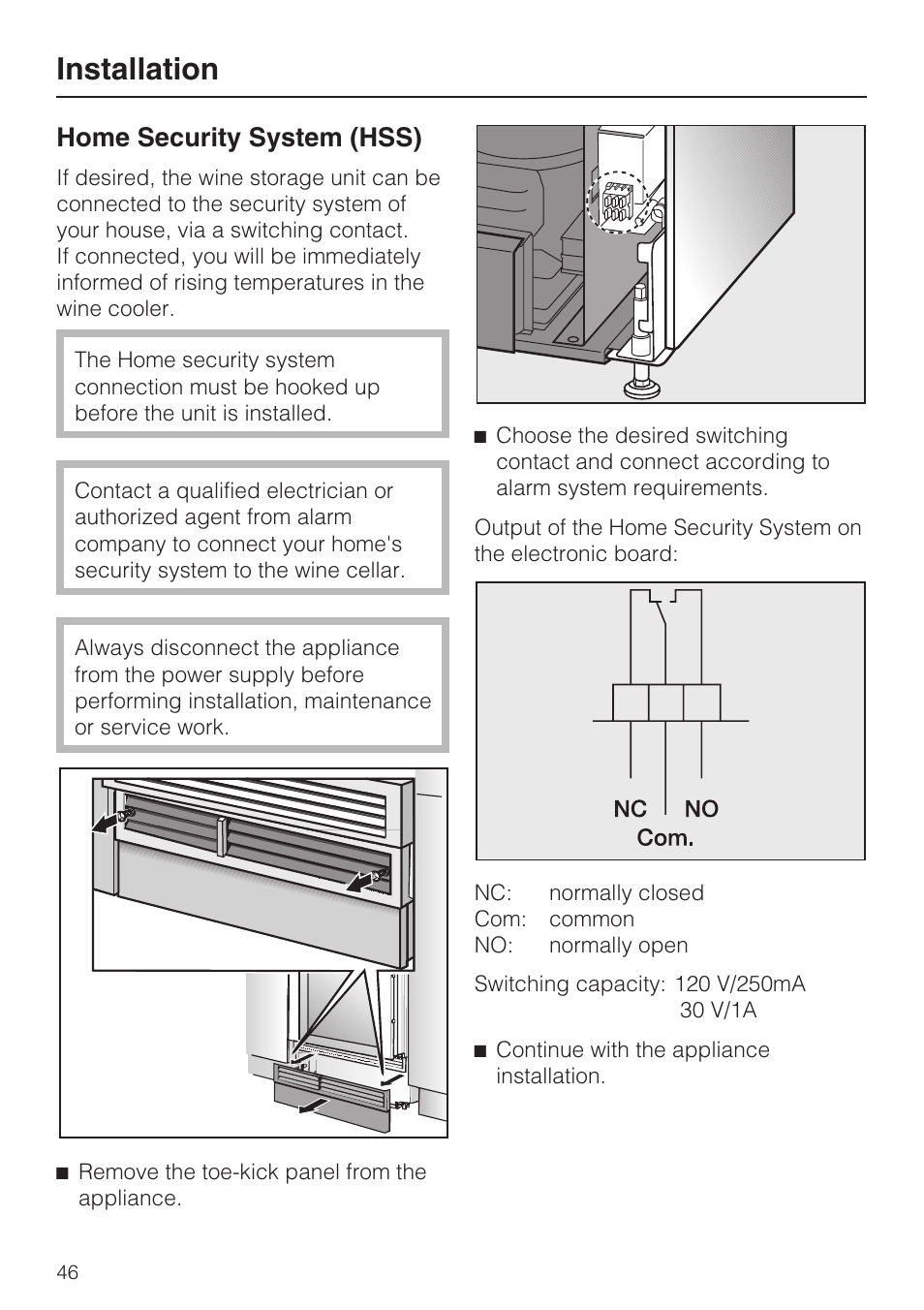 Home security system (hss) 46, Installation, Home security system (hss) | Miele KWT1611SF User Manual | Page 46 / 60