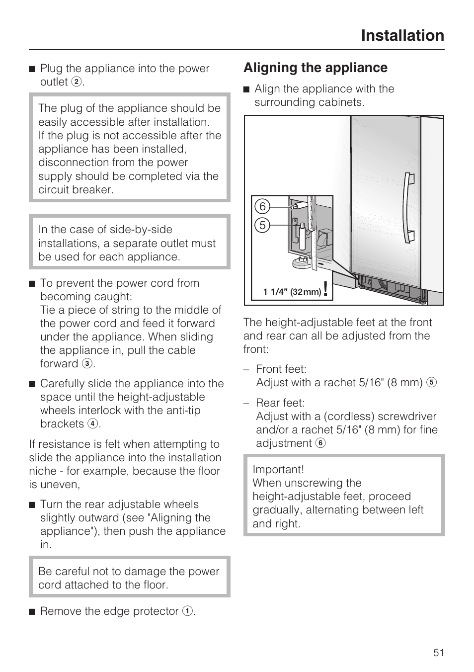 Aligning the appliance 51, Installation, Aligning the appliance | Miele KWT1611SF User Manual | Page 51 / 60