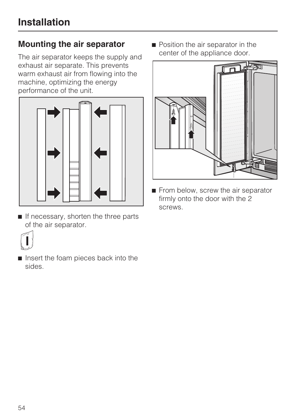 Installation, Mounting the air separator | Miele KWT1611SF User Manual | Page 54 / 60